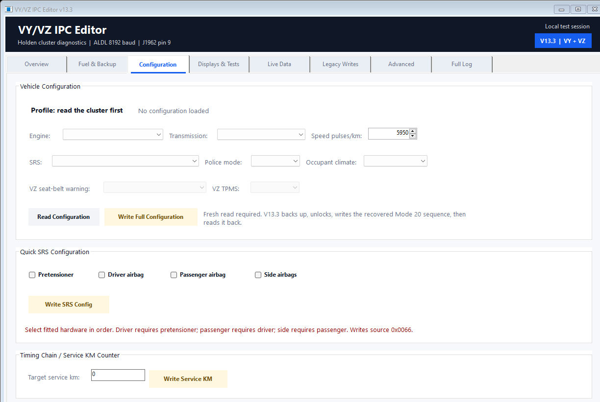 VY/VZ IPC Editor vehicle and dependent SRS configuration screen